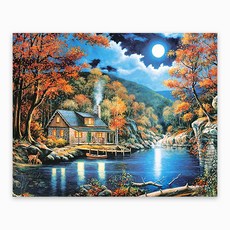 케이엠엘리 원형 보석십자수 DIY 일체형 3D 캔버스액자 50 x 40 cm, 단풍에물든호수, 1개