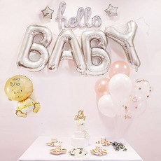 여아 베이비샤워 파티 소품 풍선 세트, 실버(BABY풍선), 로즈골드(접시컵), 1세트 - 베이비샤워