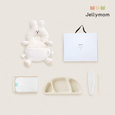 젤리맘 신생아 출산선물 아기머리보호대 + 실리콘 아기식판 + 이유식스푼 + 오가닉 스트랩 세트, 토끼 크림(보호대), 크림베이지(식판), 크림베이지(스푼), 1세트