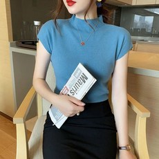 구디프 여성용 하프 하이 넥 니트 반팔 티셔츠