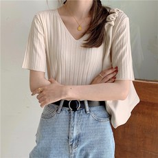 여성용 블랙 101 게모 골지 브이넥 베이직 니트 A234WF00097