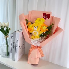 러블리팜 케어베어 가방고리 스마일 조화 꽃다발 + LED 조명 세트, 펀샤인베어_옐로우