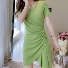 여성용 블랙101 그릴리어 브이넥 반팔 트임 미니 원피스 CH-2319297