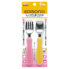 EDISON mama KJC 嬰幼兒學習餐具組 1.5歲以上, 叉子+湯匙, 粉色+黃色, 1組