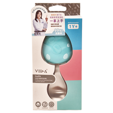 VIIDA 抗菌不鏽鋼學習湯匙，304L 抗菌不鏽鋼，食品級矽膠，一歲以上適用, 11.8 x 5.2 x 3cm, 湖水綠, 1支