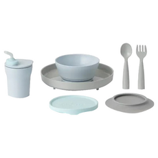 miniware 微兒 天然聚乳酸小食客6入組, 寶寶餐具, 麥片碗, 矽膠碗蓋, 麵包盤, 防滑吸盤, 愛喝水水杯組, My..., 芝麻海藍, 1組, 愛碗1入, 麵包盤1入, 矽膠吸盤1入, 矽膠上蓋1入, 叉匙組1入, 水杯組1入