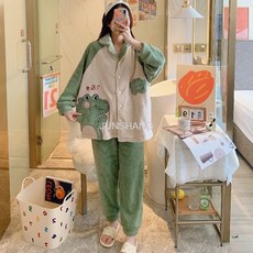 JUNSHANG가을 겨울 잠옷 여성 코 랄 두 꺼 운 플란넬 홈 웨 어 세트 카디건 에 비대 사이즈 200 근+KIG fgrg6898X