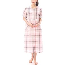 NISHIKI 니시키 머터니티 잠옷 반팔 여름 원피스타 수유 구멍 포함 면 100% 고급 실 코마실 사용 쌍꺼풀 거즈 피부에 순한 앞 트임 롱 기장 수유복 네그리젯고 형무웨어 (핑