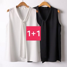 2장set 빅사이즈 여성의류 브이 타이 민소매 블라우스 정장 나시셔츠 쉬폰 티 66-120 size 1+1 원뿔원 세트 - 민소매블라우스