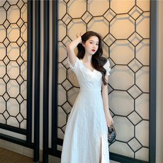 삼직구 소매퍼프원피스 소흑 여성 여름 초콜렛색 본풍 슬림핏 릿드레스 평소