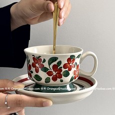 아라비아 핀란드 루이자 카페 북유럽 식기 커피잔 가정용 선물 컵앤소서, 5. 빈티지 녹색 잎 잇꽃 커피 컵 세트