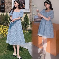 서양풍 버블 퍼프 봄여름 임부복 임산부 원피스 만삭촬영 출근룩 간절기 데일리룩 하객룩 미디 롱드레스, 블루 롱, 1개