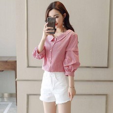하늘로 여성 여름 가을 캐주얼 체크 블라우스 데일리룩