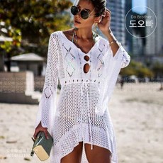 도오빠 여성 비치웨어 비키니 커버업 니트 뜨개 레이스 비치 원피스 청순 섹시 바캉스 해변 여행 데일리룩, 화이트
