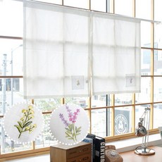 [바보사랑]가을연가 자수 북유럽 코튼 가리개커튼 65x77(2장), 철재집게링5개