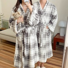 체크 커플 수면로브가운 털잠옷 극세사 겨울 샤워가운