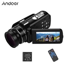 Andoer 4K 디지털 캠코더 + NP-40 리튬배터리 1개 + 0.45X 광각/마이크로렌즈, 블랙
