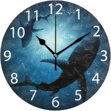 senya 홈 오피스 학교 시계 예술 장식 회화 senya 상어 물 아래 원형 벽시계 침묵 비 똑딱 Sharks