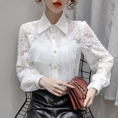 여자숄 2020가을겨울셋트 털갈이 레이스 펀칭 병접연결 망사 언더셔츠 셔츠 유럽풍 슬림핏 상의 여성