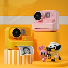 KOOOL 프린터 카매라 K27 전후방 카메라 캐릭터 고화질, 키즈 폴라로이드 카메라, 옐로