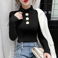 POLO 넥 상의 여성 겨울 가을 계절 스위트 버튼 웅덩이 무늬 슬림 긴 소매