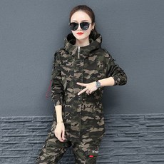 카모플라주 멀티 밀리터리 위장 군복 여성 루즈핏 봄가을 미디움 후드 자켓 S~2XL