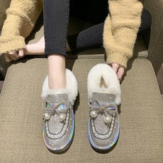 퍼슬립온 털추가 털신 여성겨울 아우터 유행패션 큐빅 코디하기쉬운 보온 방한화 편안한 슬립온 통굽 로퍼신발