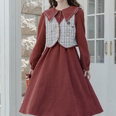 POMTOR 가을 프렌치 스타일 배색 디테일 트위드 조끼 원피스 귀여운 여성 의류