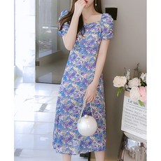 복고풍 퍼프 슬리브 플라워 원피스