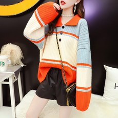 POLO 넥 풀오버 후드 스웨터 여성 가을 와이드 루즈핏 작은 키 스위트 스윗