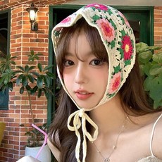 여름휴가 핸드메이드 뜨개 두건 그물 니트 반다나 휴가룩