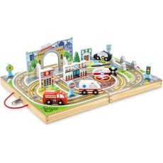 Melissa & Doug 18피스 나무 탁상용 마을 구조 차량 4대 플레이 피스 브릿지BGSL