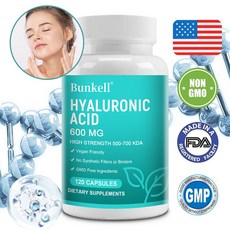 히알루론산 캡슐 - 600 mg 히알루론산 캡슐 - 고용량 500-700 KDA - GMO 없음 합성 필러 또는 접착제 없음 - 젊은 피부 피부 질감 개선 피부 관리, 120캡슐, 120정, 1개