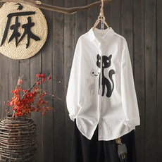 화이트셔츠 황비 려 오리지널제작 단아한 고양이 자수 긴 소매 순면 코튼 여성 봄가을 타입 캐쥬얼