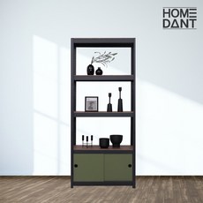 홈던트 철제 무볼트 앵글 수납장 W800 A타입, 01_W800 x D300 도어형 - 블랙(내추럴우드/그린도어)