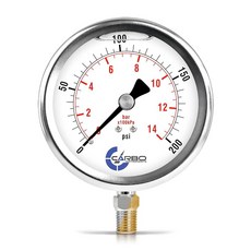 CARBO Instruments 10.2cm(4인치) 압력 게이지 스테인리스 스틸 케이스 크롬 도금 황동 연결 액체 충전 0-60psi/kPa 하단 마운트 0.6cm(, 0-200 psi