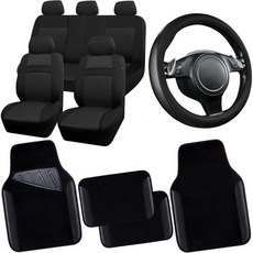 CAR PASS 가죽 2개 전면 카시트 커버 4Pcs 방수 카 플로어 매트 스티어링 휠 유니버설 핏 에어백 호환 자동차 실내 콤보 세트 블랙, Black combo, 1개