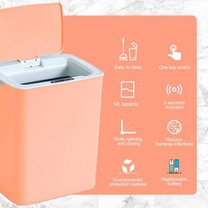 14L 센서 쓰레기통 뚜껑 식 터치리스 센서 쓰레기통 주방 휴지통 재활용 및 폐기물 주방/거실/사무실 용|휴지통|, 1개, 산호 레드