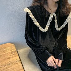 포린박스 빈티지 벨벳 레이스 블랙 루즈핏 롱 원피스 YJ