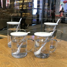 일가 세식구 물컵 네 홈 패밀리 머그컵 독창적 있음 뚜껑 스푼 여성, 유리 타입 네 식구 집 （자기 뚜껑