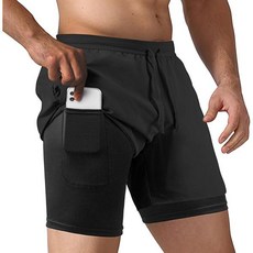 니모지로 남성 2 in 1 러닝 반바지 운동 트레이닝 야외 스포츠, Black, X-Large, 1개