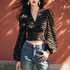 호피블라우스 퍼프소매블라우스 여성 v 넥 크롭 블라우스