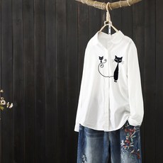 칼라 화이트 봄 루즈핏 이너 상의 고양이 자수 긴팔