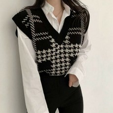 트랜디 체크하임 클래식 니트 조끼 루즈핏 베스트