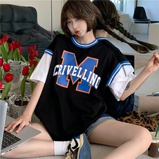 순면 페이크 투피스 배색 야구복 반팔 티 박시 반팔 상의 여