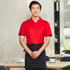 작업복 밀크티가게 식탕 종업원 T반팔티셔츠 헝겊단추 여름시즌 식당 찻집 음식, C04-헝겊단추 레드 상의+앞치마(남여공용)