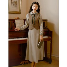 해외배송 개화기 복고풍 경성의상민소매 조끼 체크 원피스 투피스 여 봄가을 프렌치 빈티지 스몰