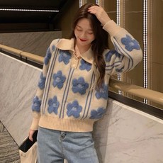 안나리야 레트로 부클 뽀글이 꽃자수 풀오버 니트 스웨터 YJ