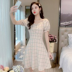 JM# 여름 벌룬 체크 원피스 여성복 2021년 올봄 스타일 슬림 a자 PP-B.78