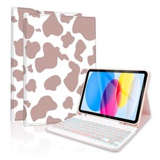  USA배송 TopPerfekt 아이패드 10세대 10인치2022 케이스 블루투스 키보드 포함분리형 충전식 자석 부착 자동 최대 절전 모드웨이크 강화 필름 2개가 있는 펜슬 홀더 블, 백라이트 카우 브라운 